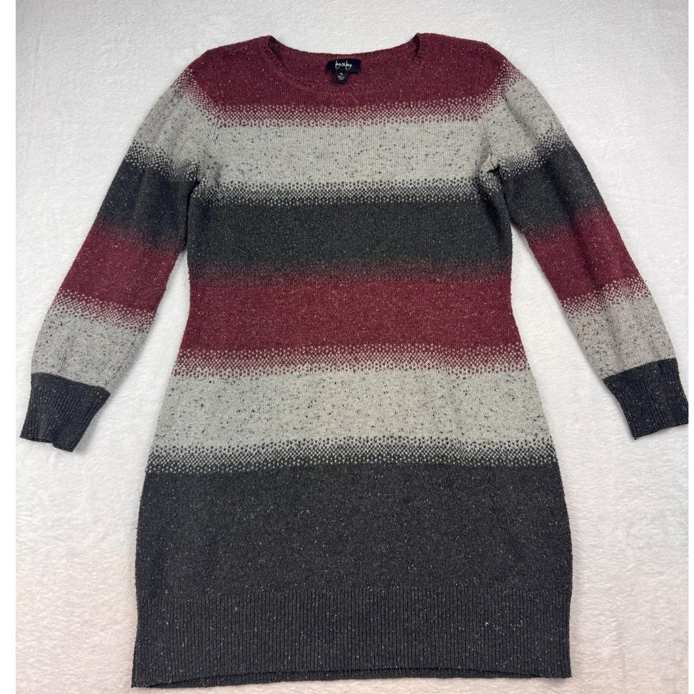 By & By Women XL Sweater Dress Burgundy Grey Striped Long Sleeve Crew Neck Knit
